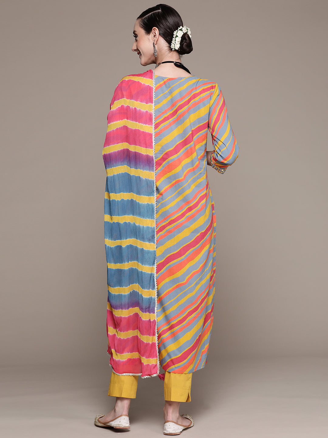 Ishin Women's Cotton Multicolor Yoke Design A-Line Kurta With Trouser & Dupatta