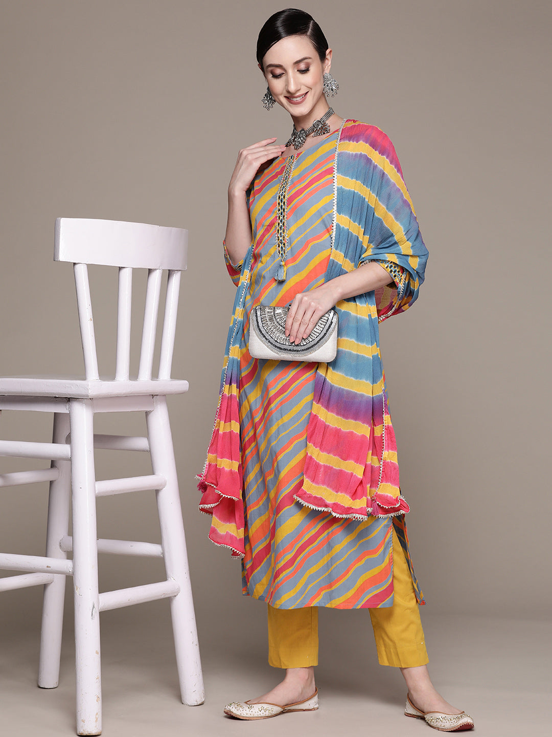 Ishin Women's Cotton Multicolor Yoke Design A-Line Kurta With Trouser & Dupatta