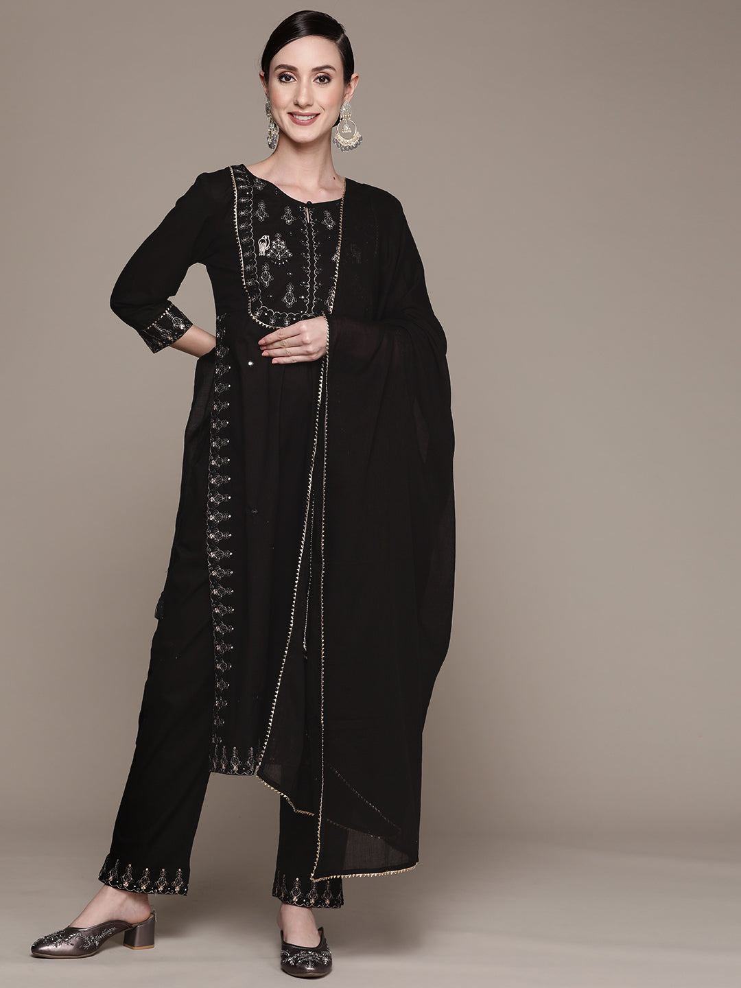 Ishin Women's Cotton Black Embroidered A-Line Kurta with Trouser & Dupatta