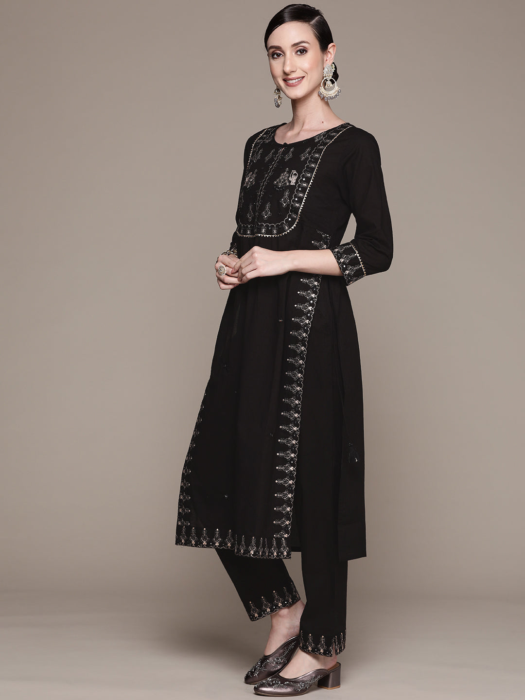 Ishin Women's Cotton Black Embroidered A-Line Kurta with Trouser & Dupatta