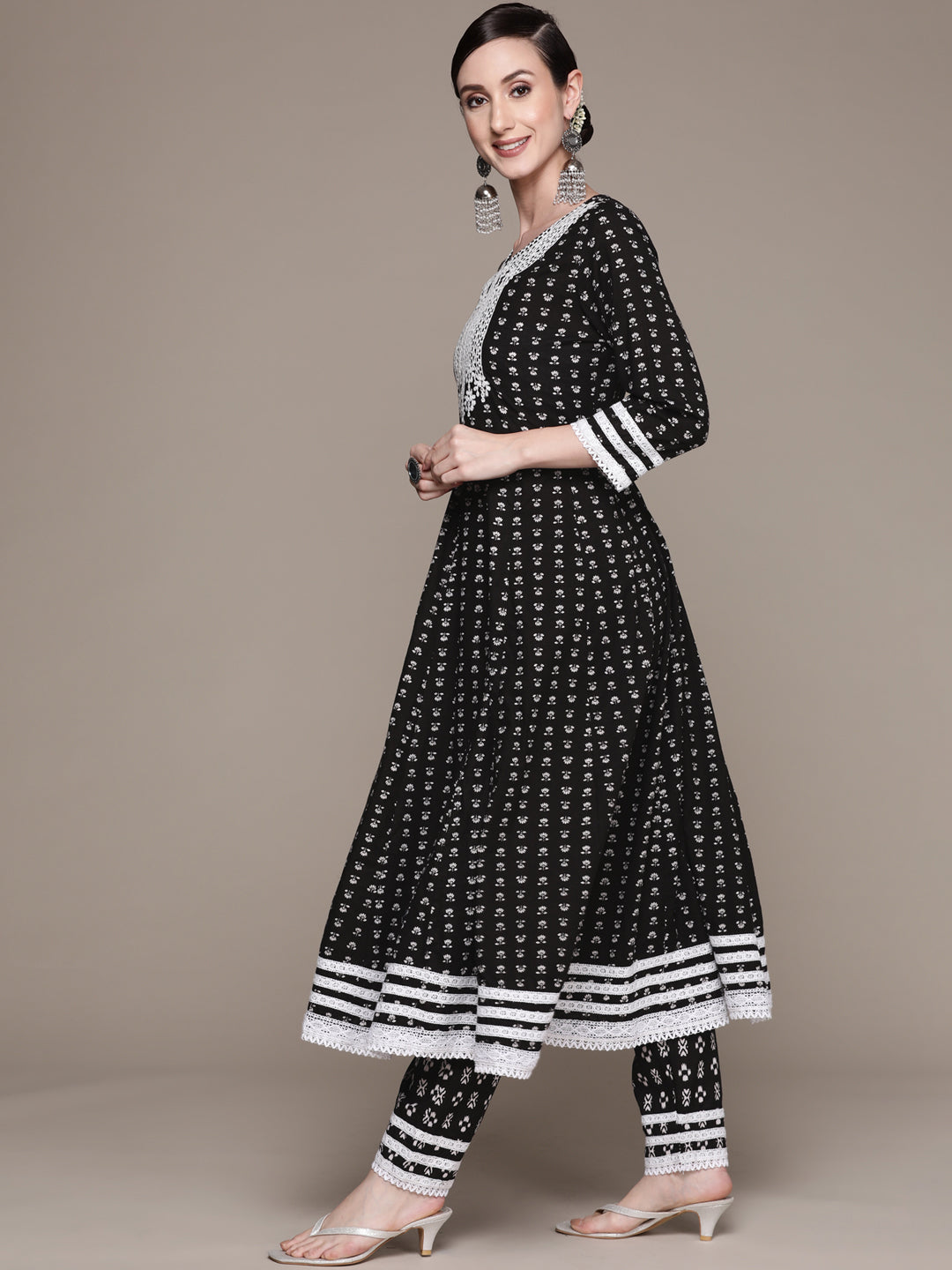 Ishin Women's Black & White Embroidered Anarkali Kurta with Trouser & Dupatta