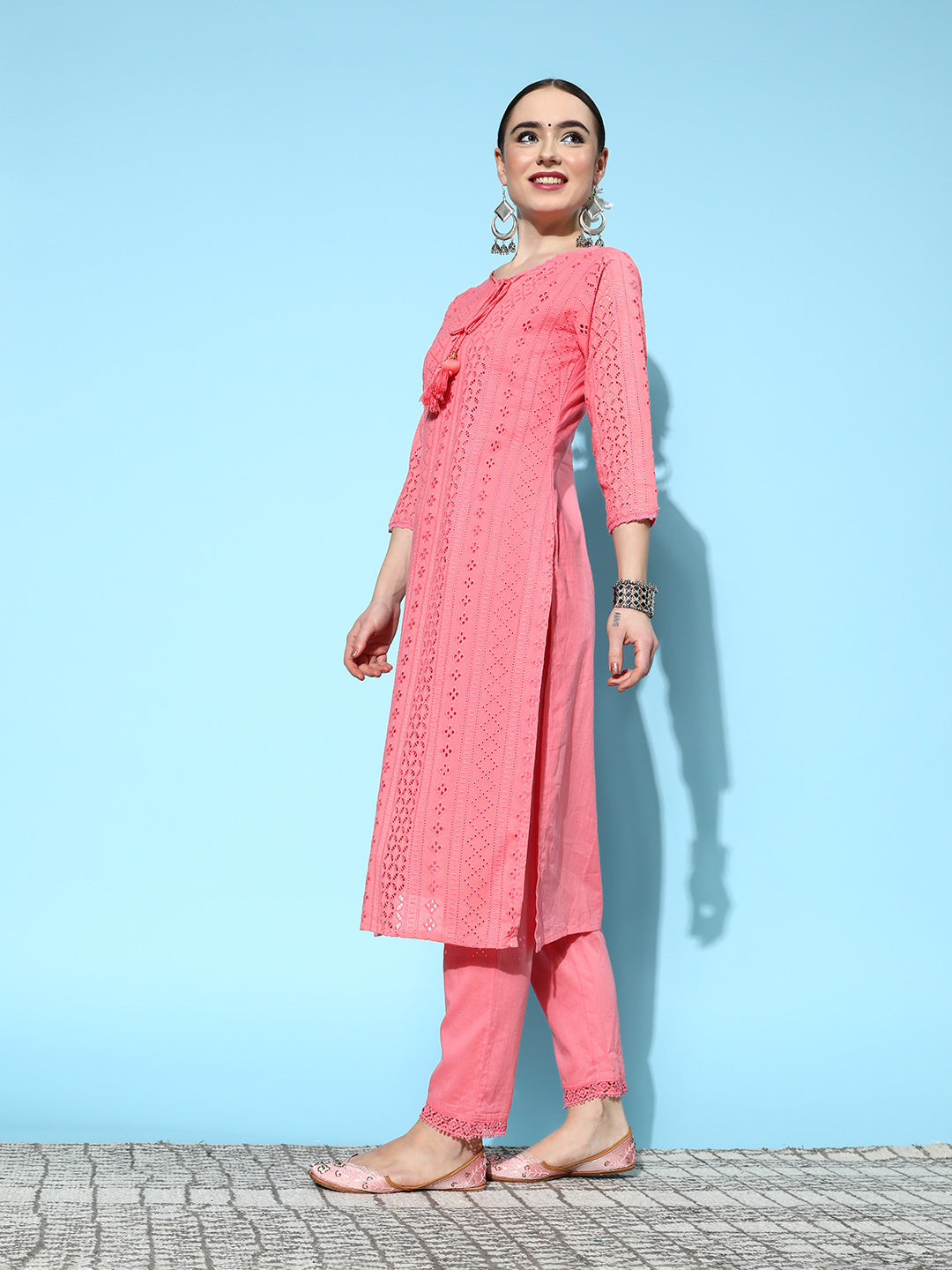 Ishin Women's Cotton Coral Pink Schiffli Embroidered A-Line Kurta Trouser Dupatta Set