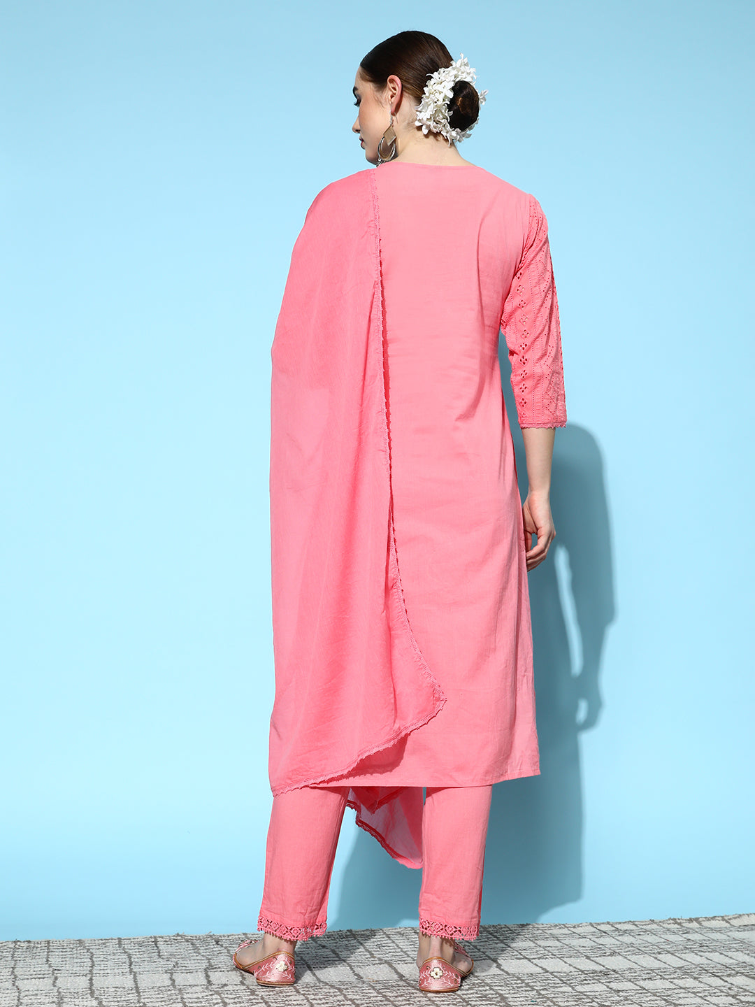 Ishin Women's Cotton Coral Pink Schiffli Embroidered A-Line Kurta Trouser Dupatta Set