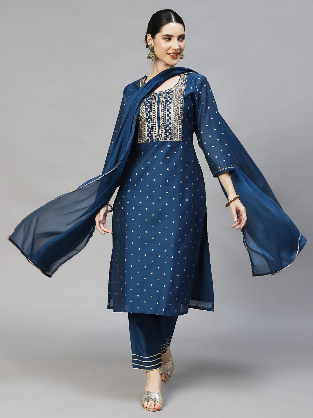 Ishin Women's Blue Yoke Design A-Line Kurta with Trouser & Dupatta