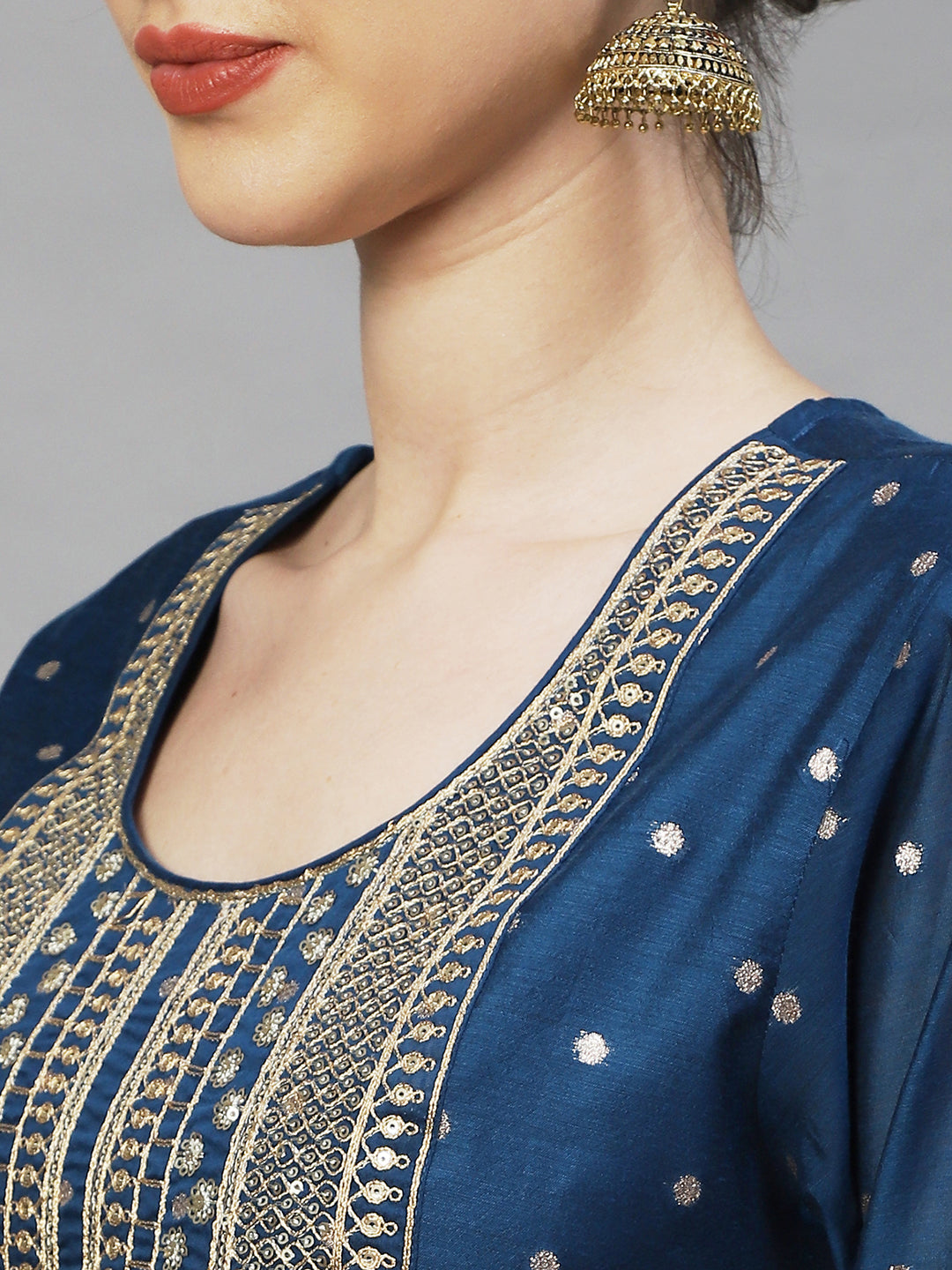 Ishin Women's Blue Yoke Design A-Line Kurta with Trouser & Dupatta