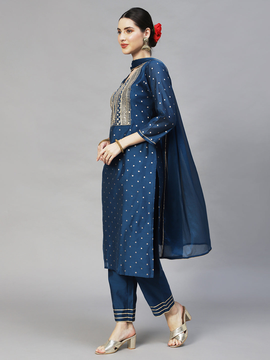 Ishin Women's Blue Yoke Design A-Line Kurta with Trouser & Dupatta