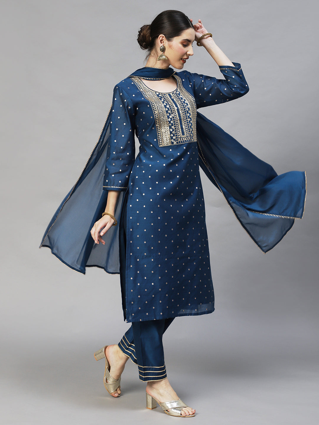 Ishin Women's Blue Yoke Design A-Line Kurta with Trouser & Dupatta