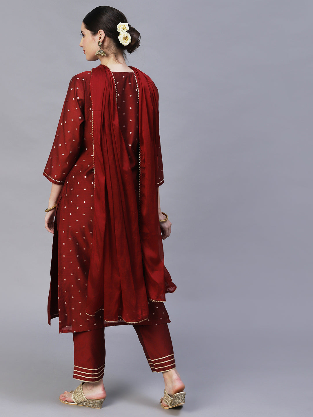 Ishin Women's Maroon Yoke Design Straight Kurta with Trouser & Dupatta