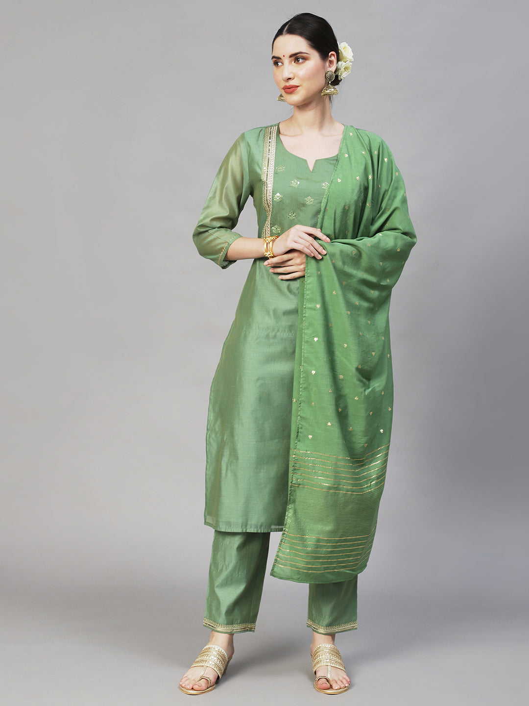 Ishin Women's Green Yoke Design Straight Kurta with Trouser & Dupatta