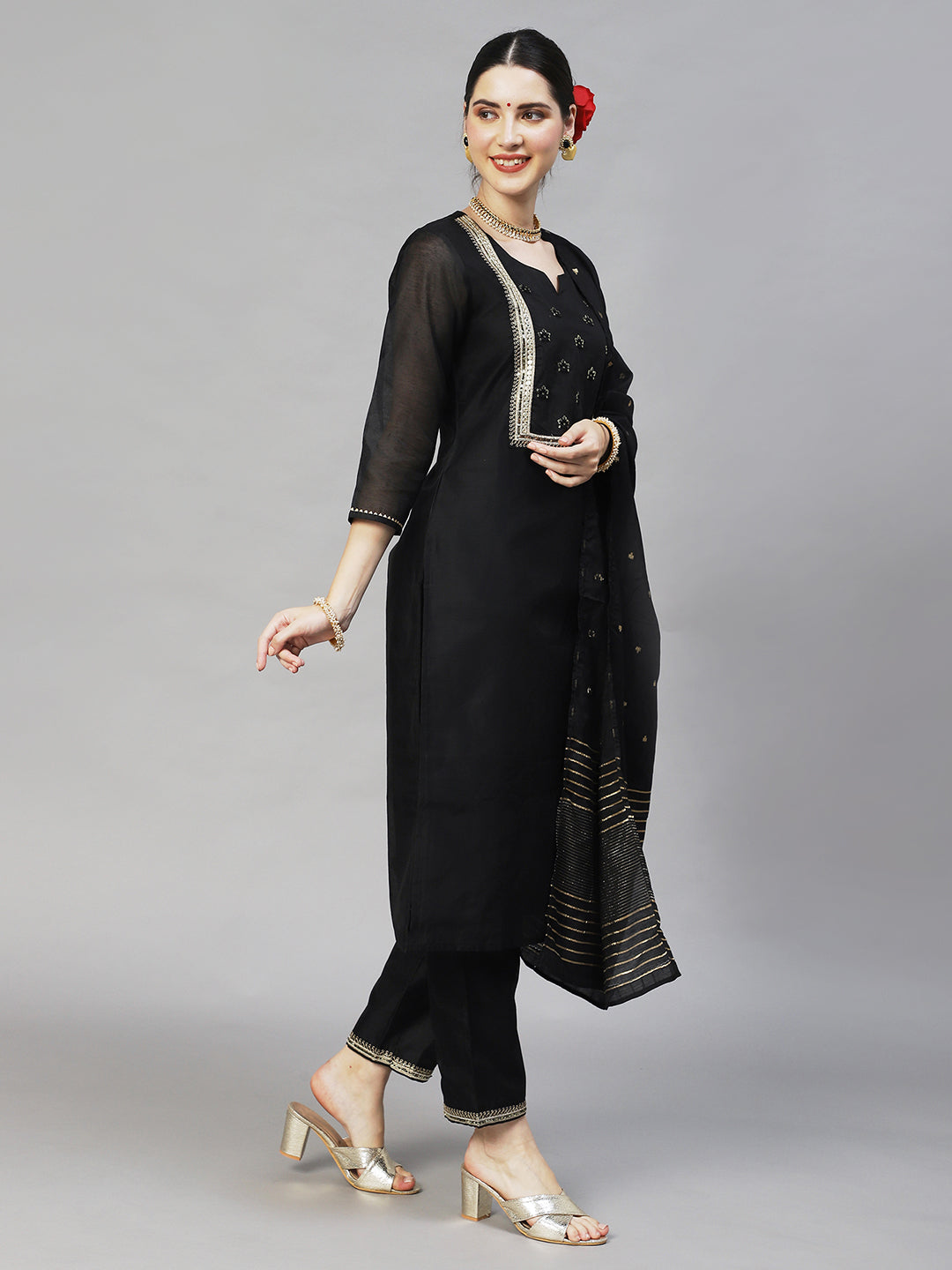 Ishin Women's Black Embroidered Straight Kurta Trouser Dupatta Set