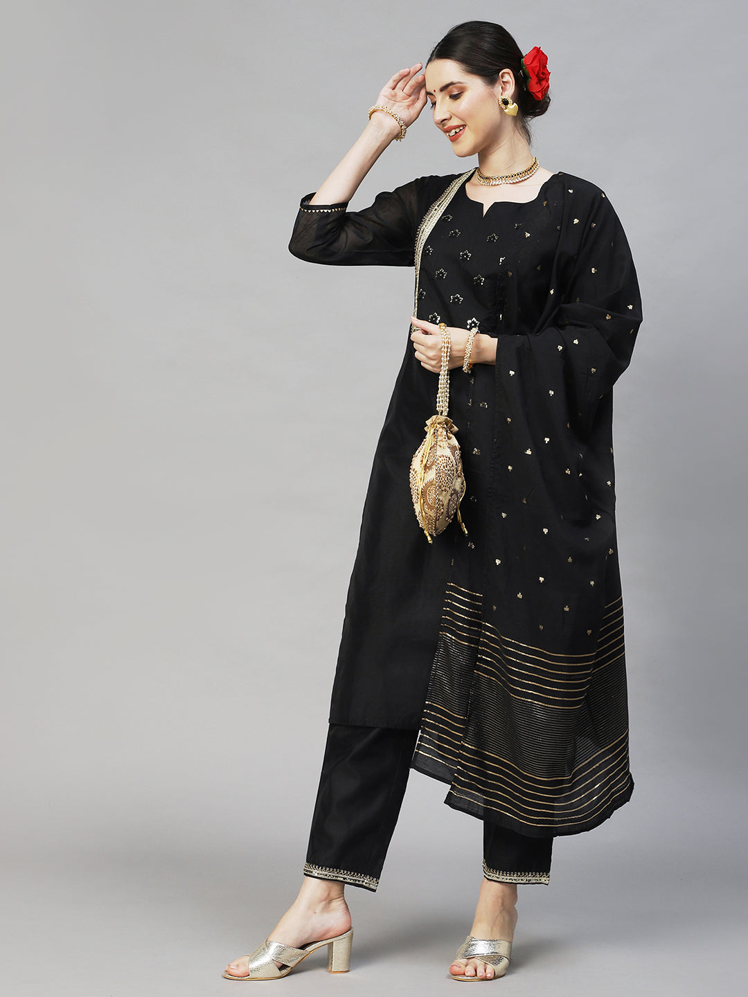 Ishin Women's Black Embroidered Straight Kurta Trouser Dupatta Set