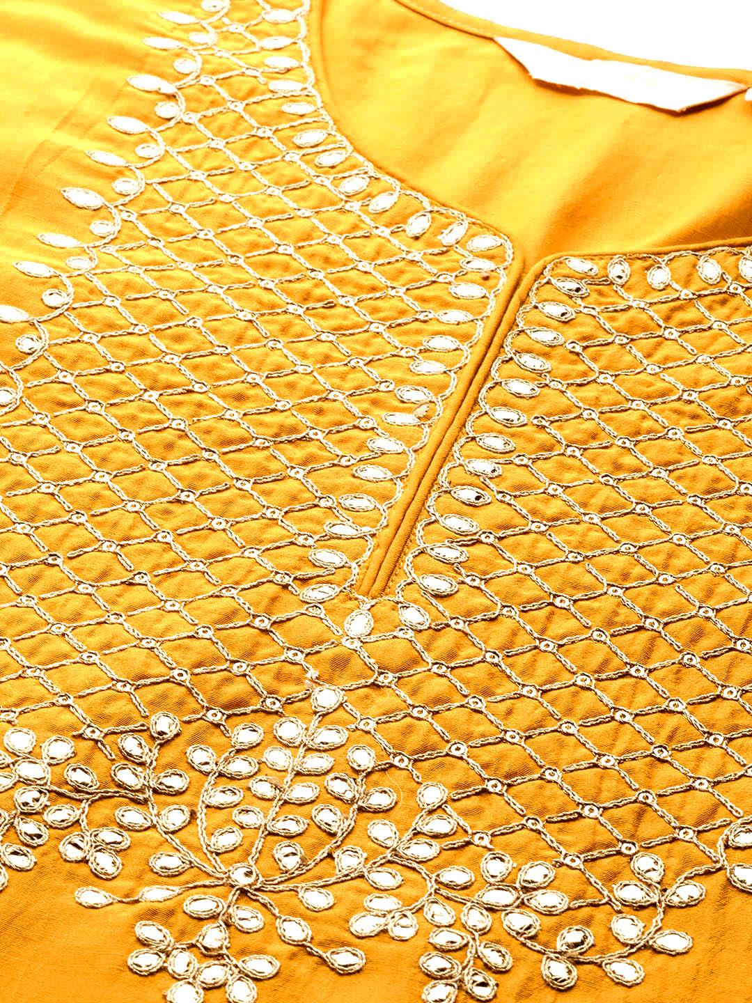 Sunehri Women's Silk Blend Mustard Embroidered A-Line Kurta Trouser Dupatta Set