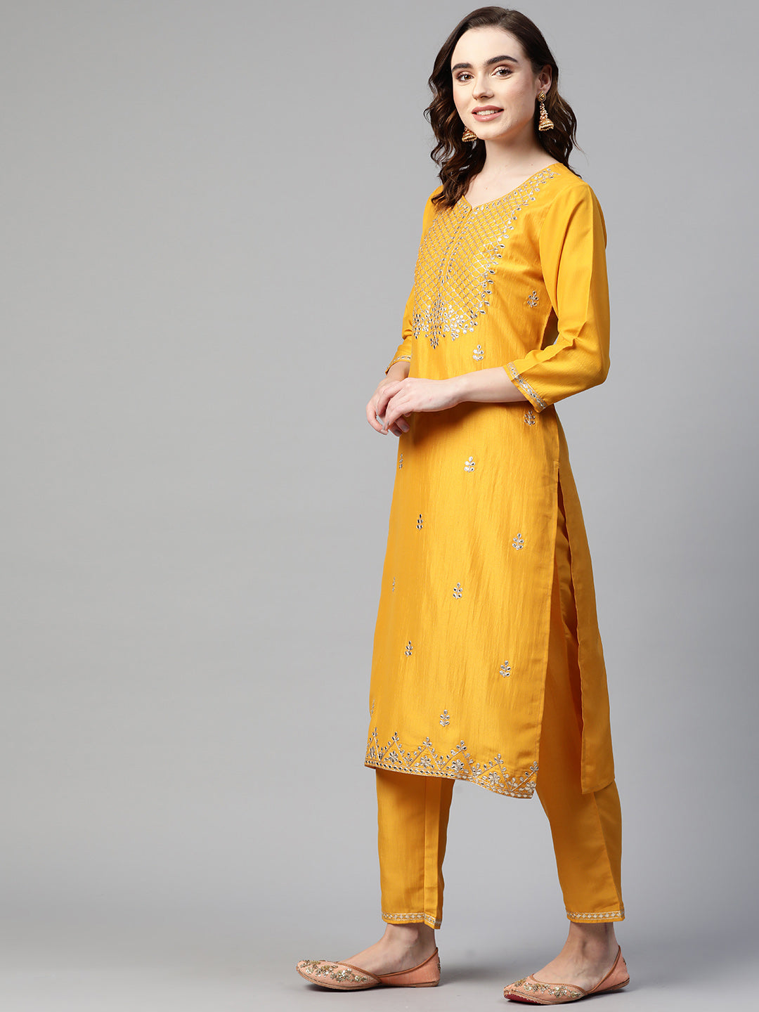 Sunehri Women's Silk Blend Mustard Embroidered A-Line Kurta Trouser Dupatta Set