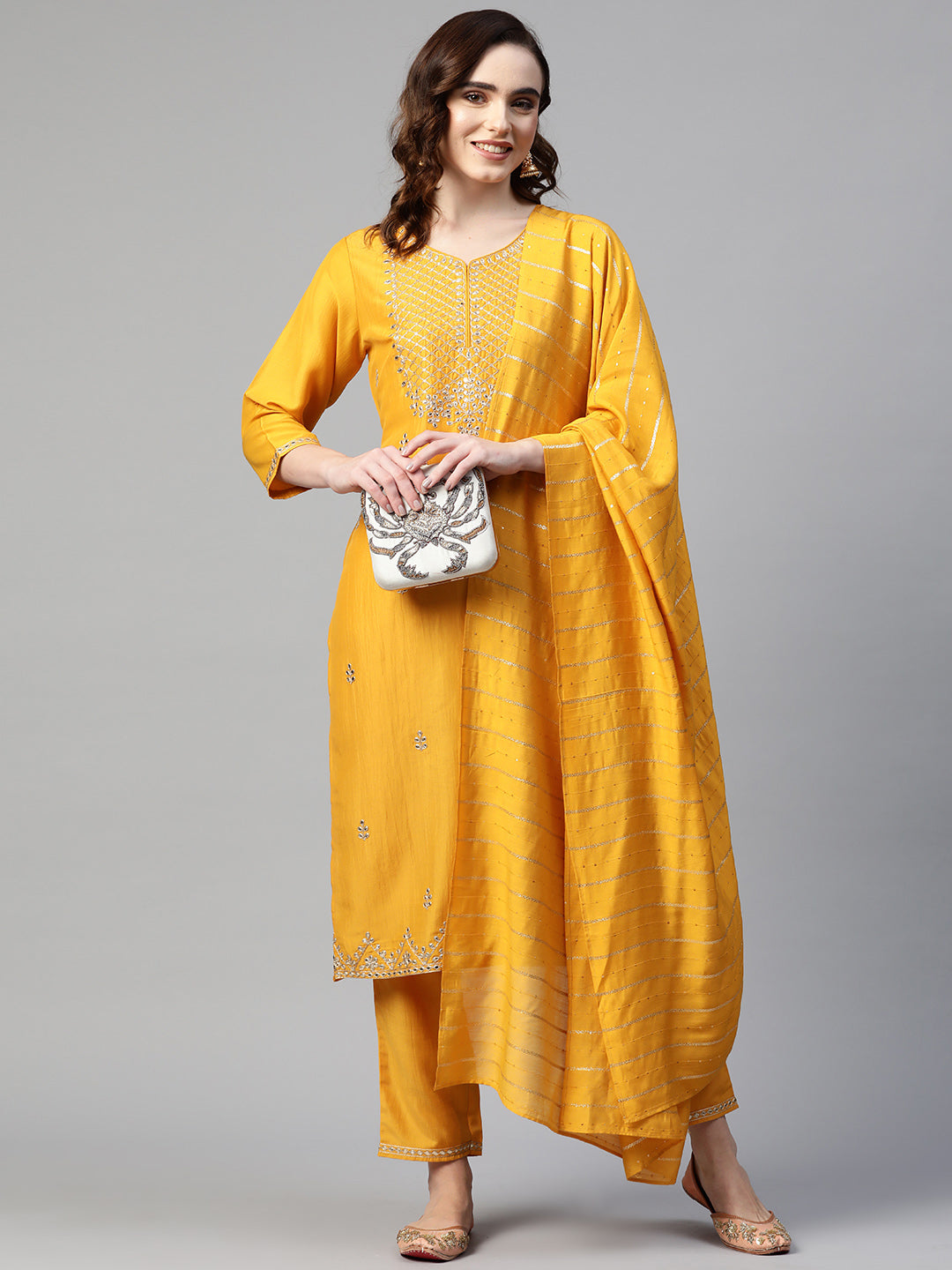 Sunehri Women's Silk Blend Mustard Embroidered A-Line Kurta Trouser Dupatta Set