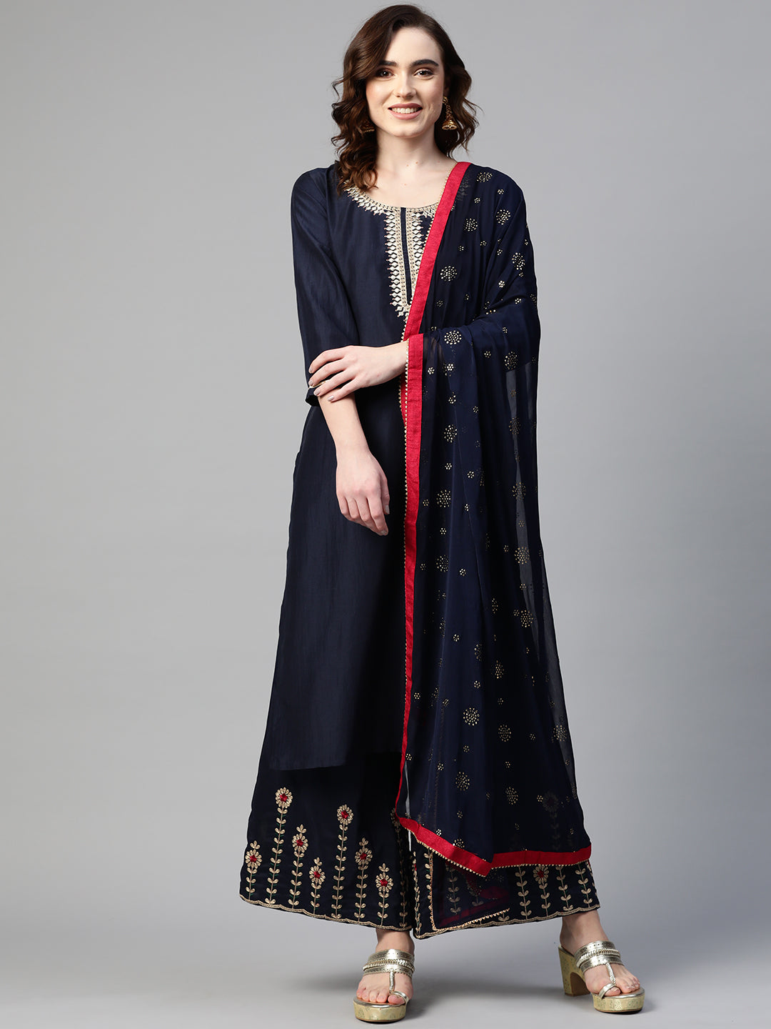 Sunehri Women's Poly Crepe Navy Blue Embroidered A-Line Kurta Palazzo Dupatta Set