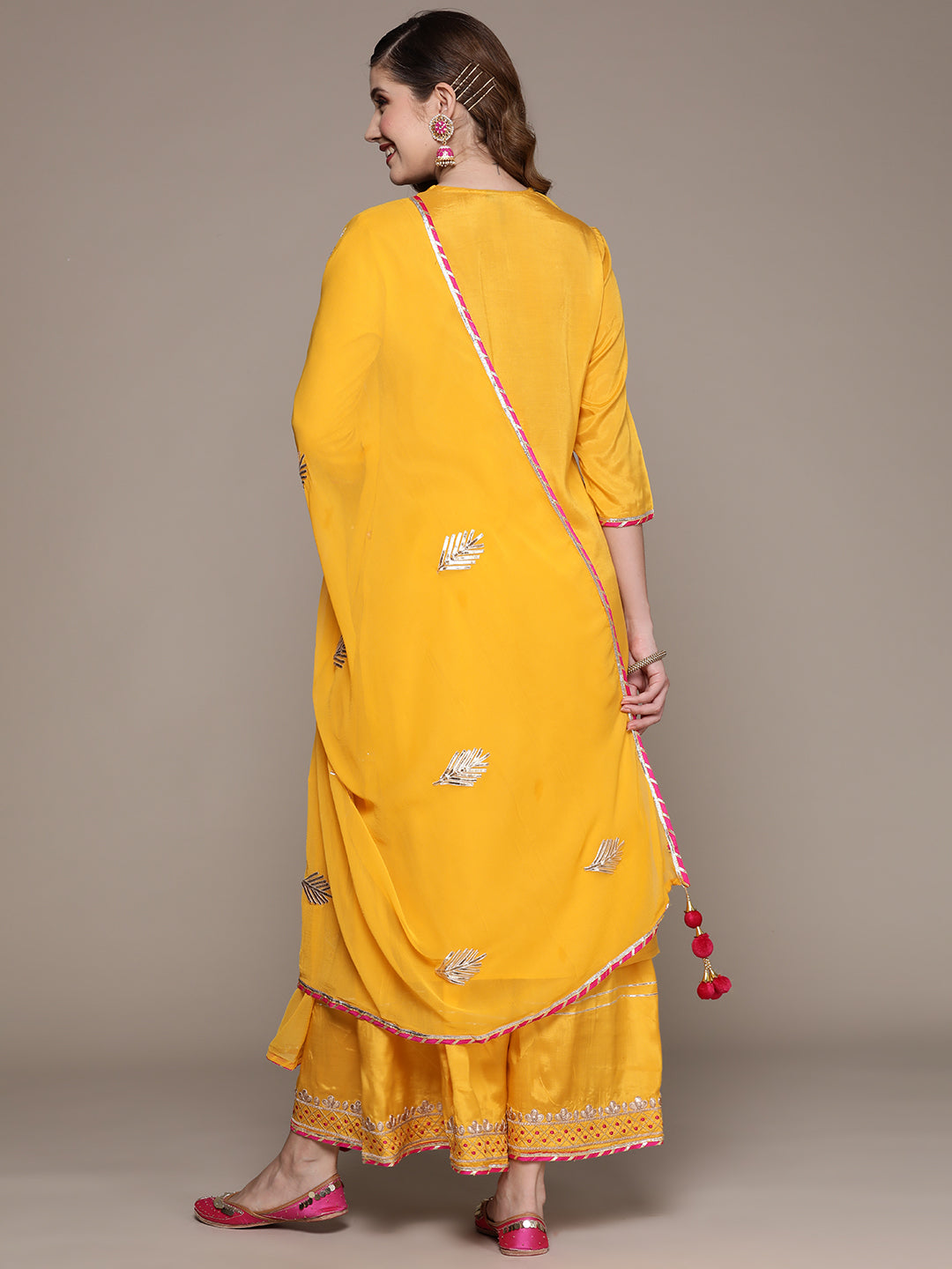 Ishin Women's Yellow Embroidered A-Line Kurta with Sharara & Dupatta