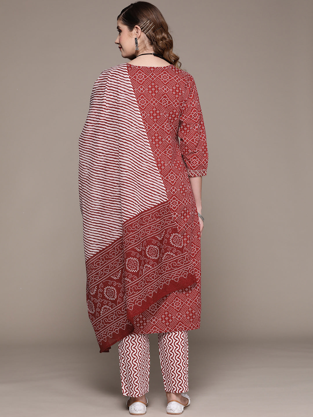Ishin Women's Maroon Embroidered A-Line Kurta with Trouser & Dupatta
