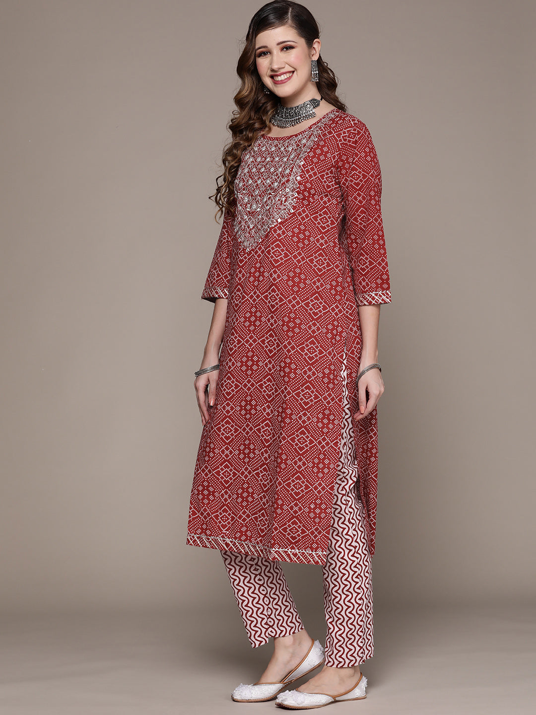 Ishin Women's Maroon Embroidered A-Line Kurta with Trouser & Dupatta