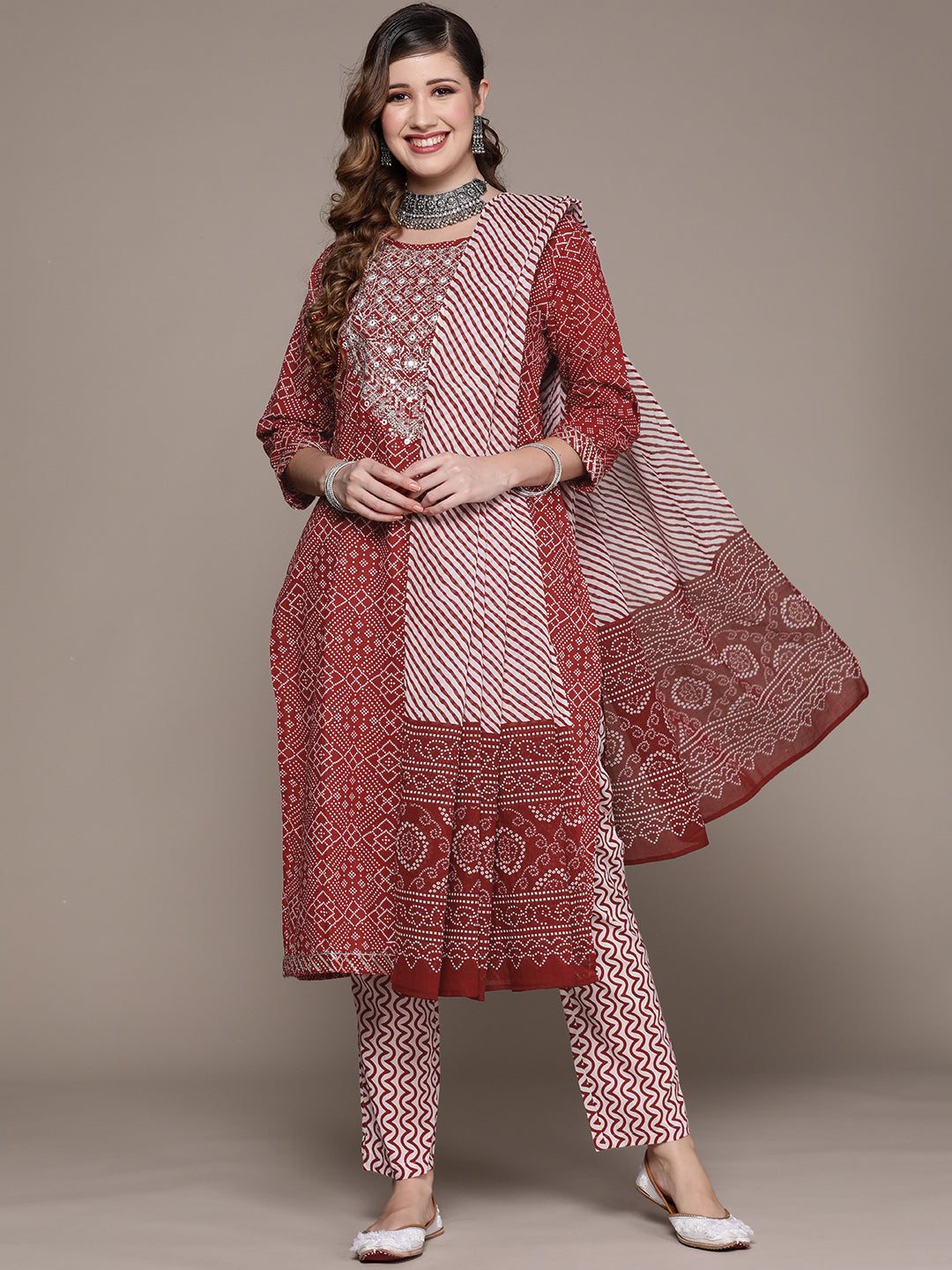 Ishin Women's Maroon Embroidered A-Line Kurta with Trouser & Dupatta