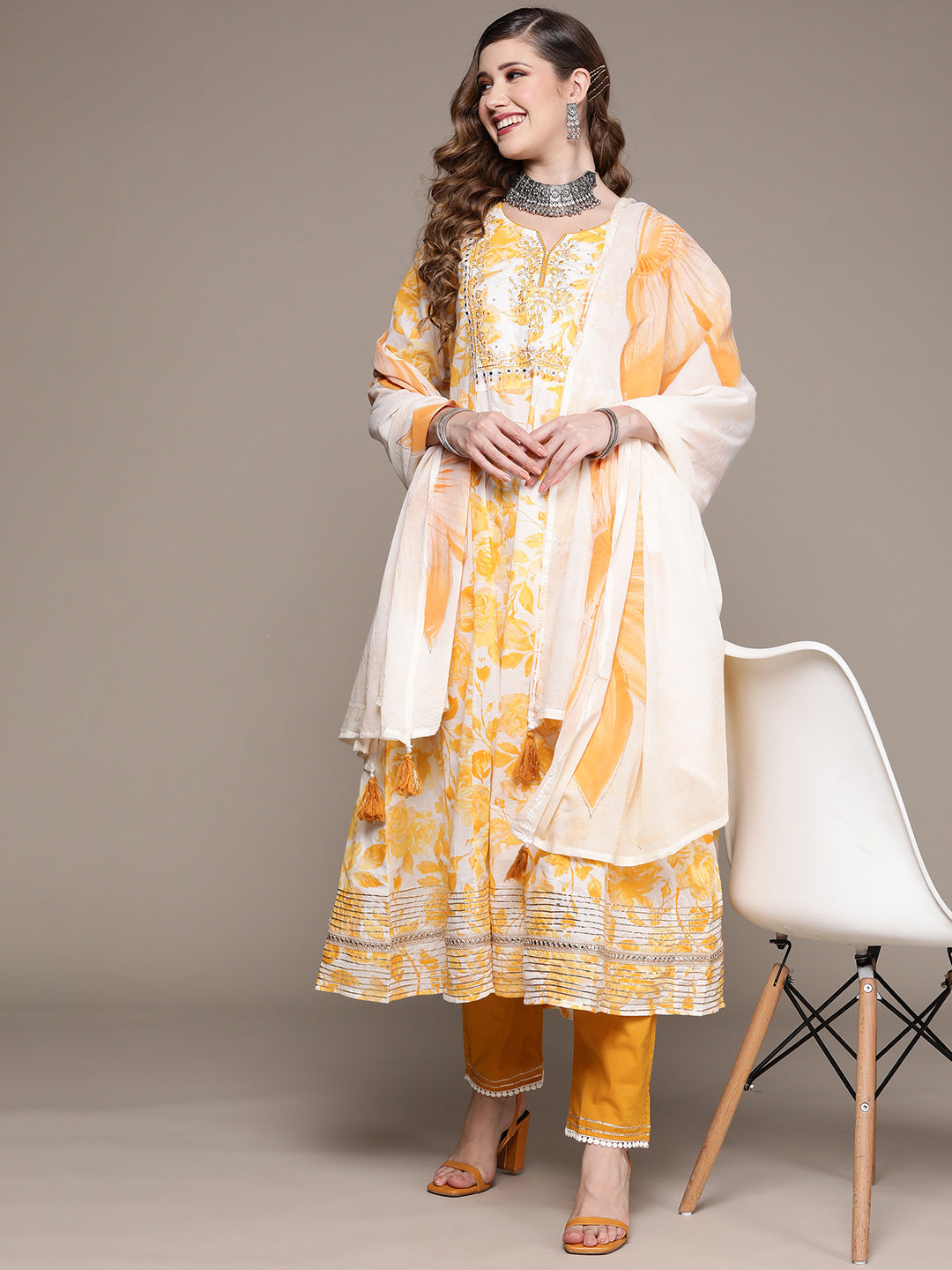 Ishin Women's Yellow Yoke Design Anarkali Kurta with Trouser & Dupatta