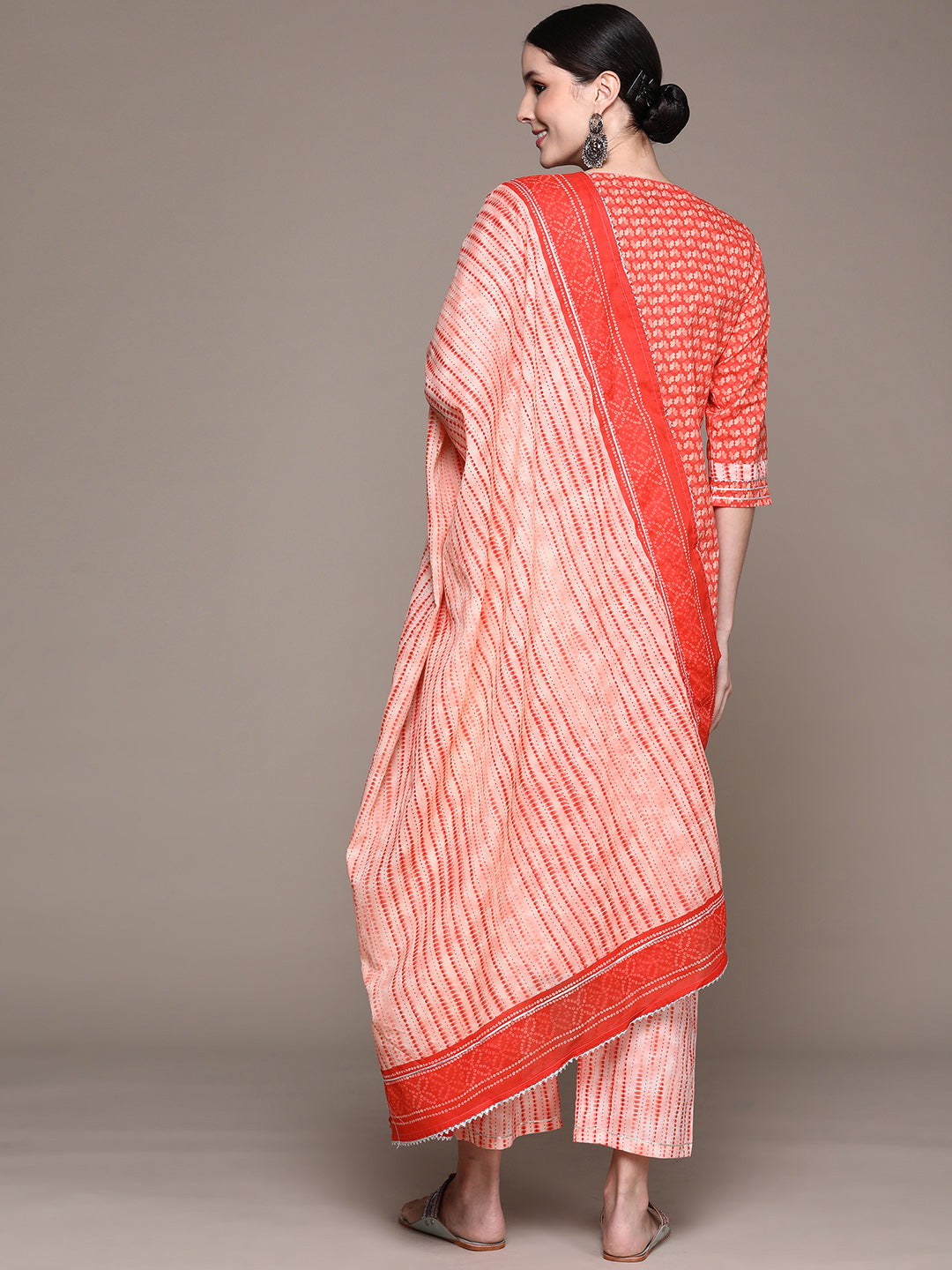 Ishin Women's Peach Zari Embroidered A-Line Kurta with Palazzo & Dupatta
