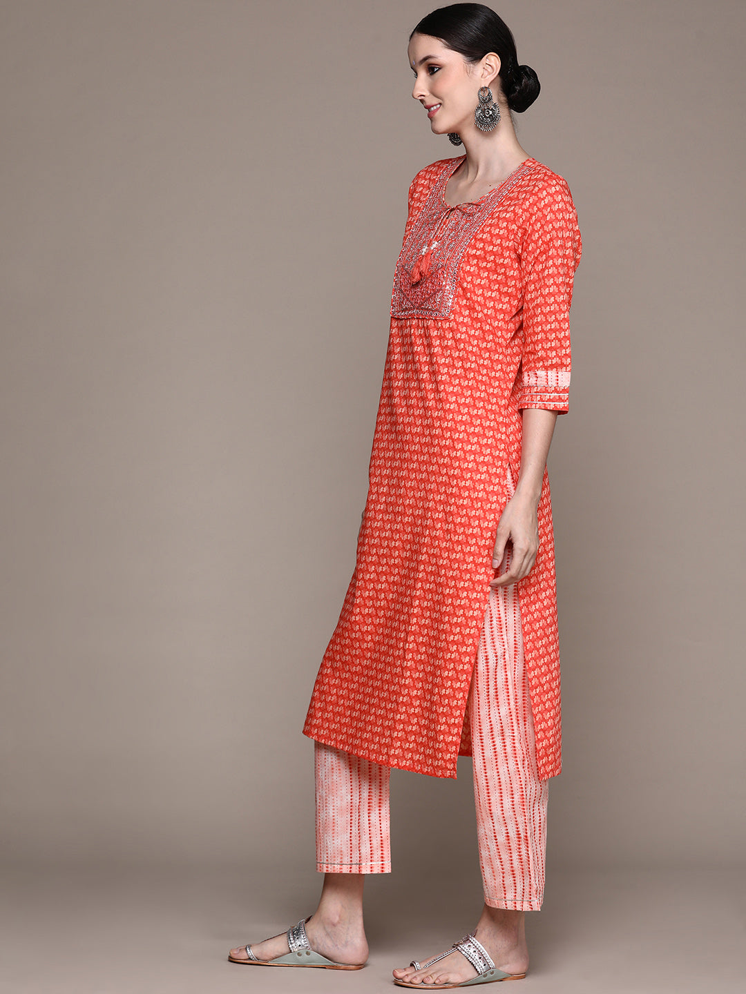 Ishin Women's Peach Zari Embroidered A-Line Kurta with Palazzo & Dupatta