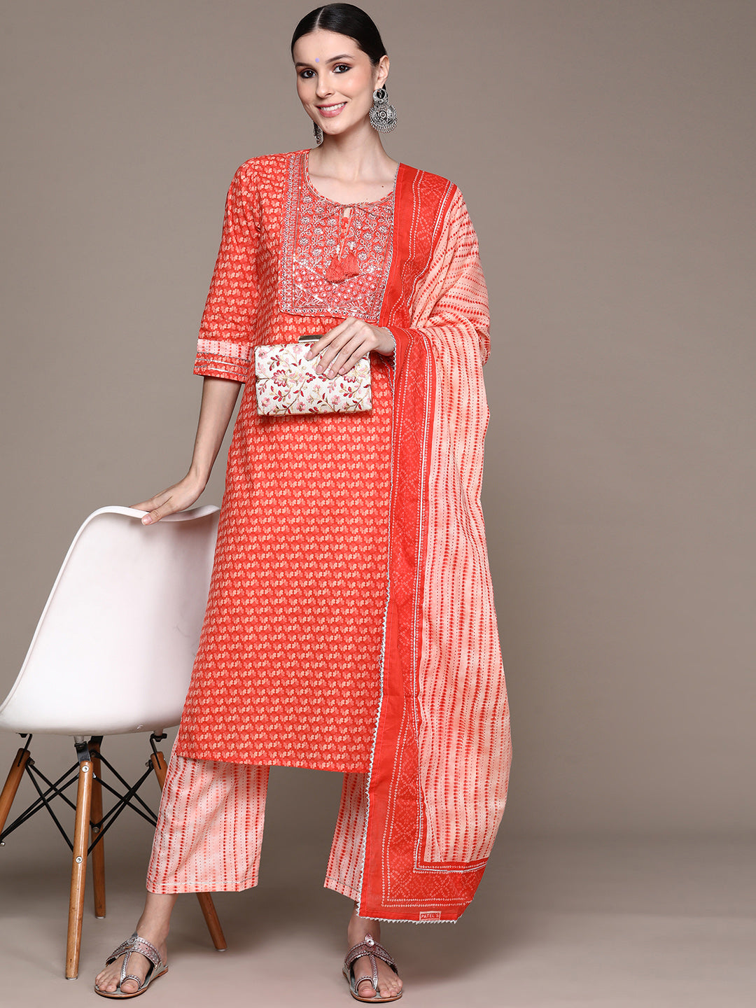 Ishin Women's Peach Zari Embroidered A-Line Kurta with Palazzo & Dupatta