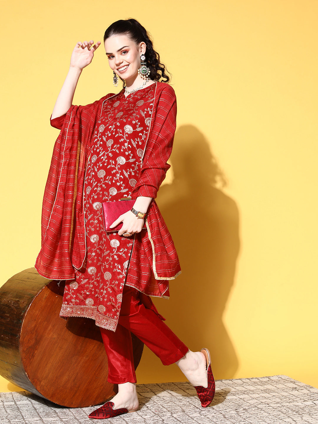 Ishin Women's Brocade Red Woven Design A-Line Kurta Trouser Dupatta Set