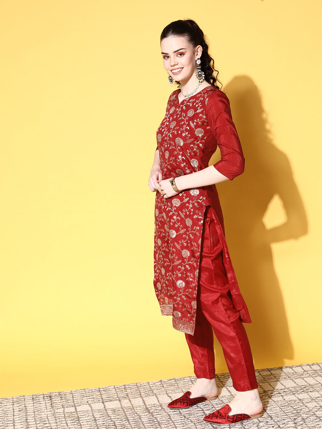 Ishin Women's Brocade Red Woven Design A-Line Kurta Trouser Dupatta Set