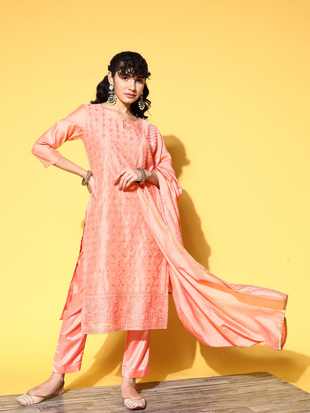 Ishin Women's Chanderi Silk Peach Embellished A-Line Kurta Trouser Dupatta Set