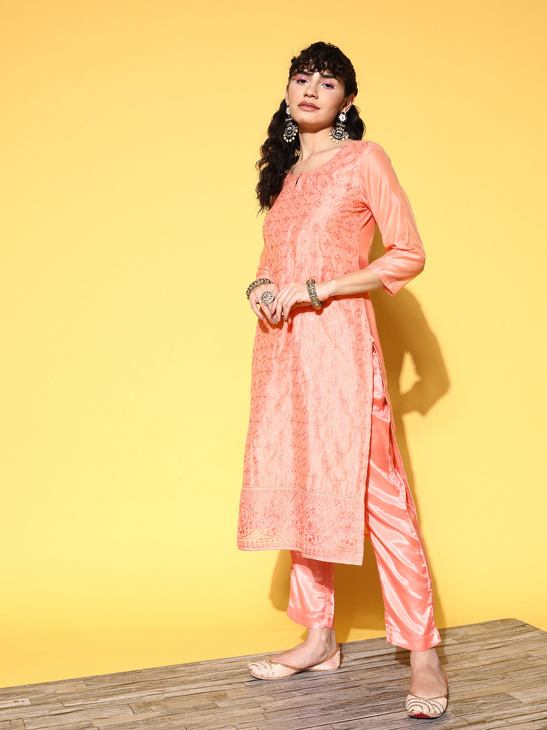Ishin Women's Chanderi Silk Peach Embellished A-Line Kurta Trouser Dupatta Set