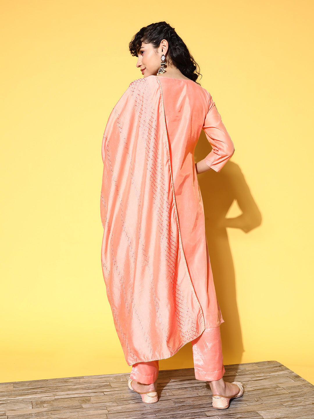 Ishin Women's Chanderi Silk Peach Embellished A-Line Kurta Trouser Dupatta Set