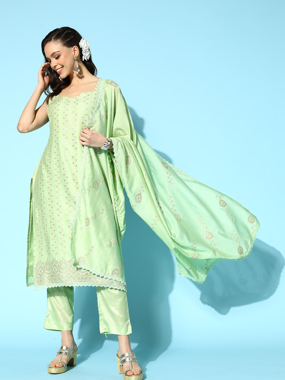 Sunehri Women's Cotton Blend Green Embellished A-Line Kurta Trouser Dupatta Set