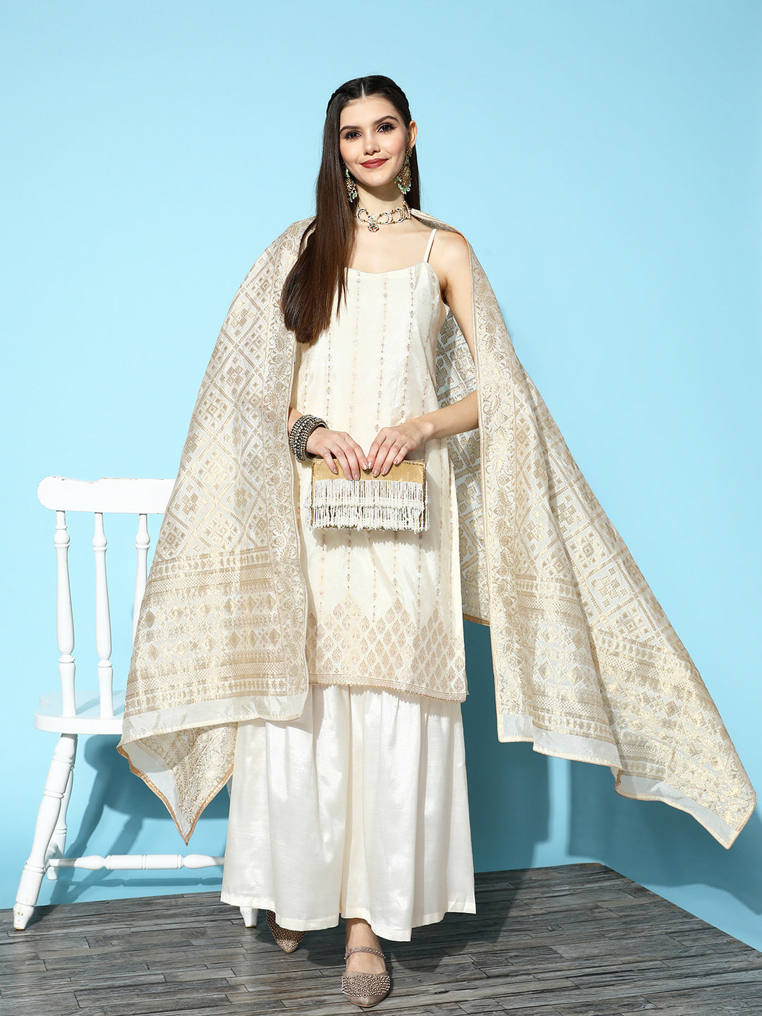 Sunehri Women's Silk Blend Off White Woven Design Kurta Sharara Dupatta Set