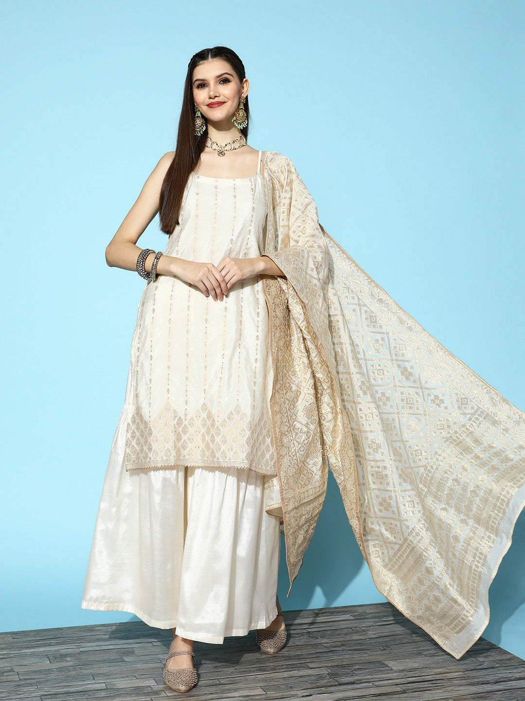 Sunehri Women's Silk Blend Off White Woven Design Kurta Sharara Dupatta Set