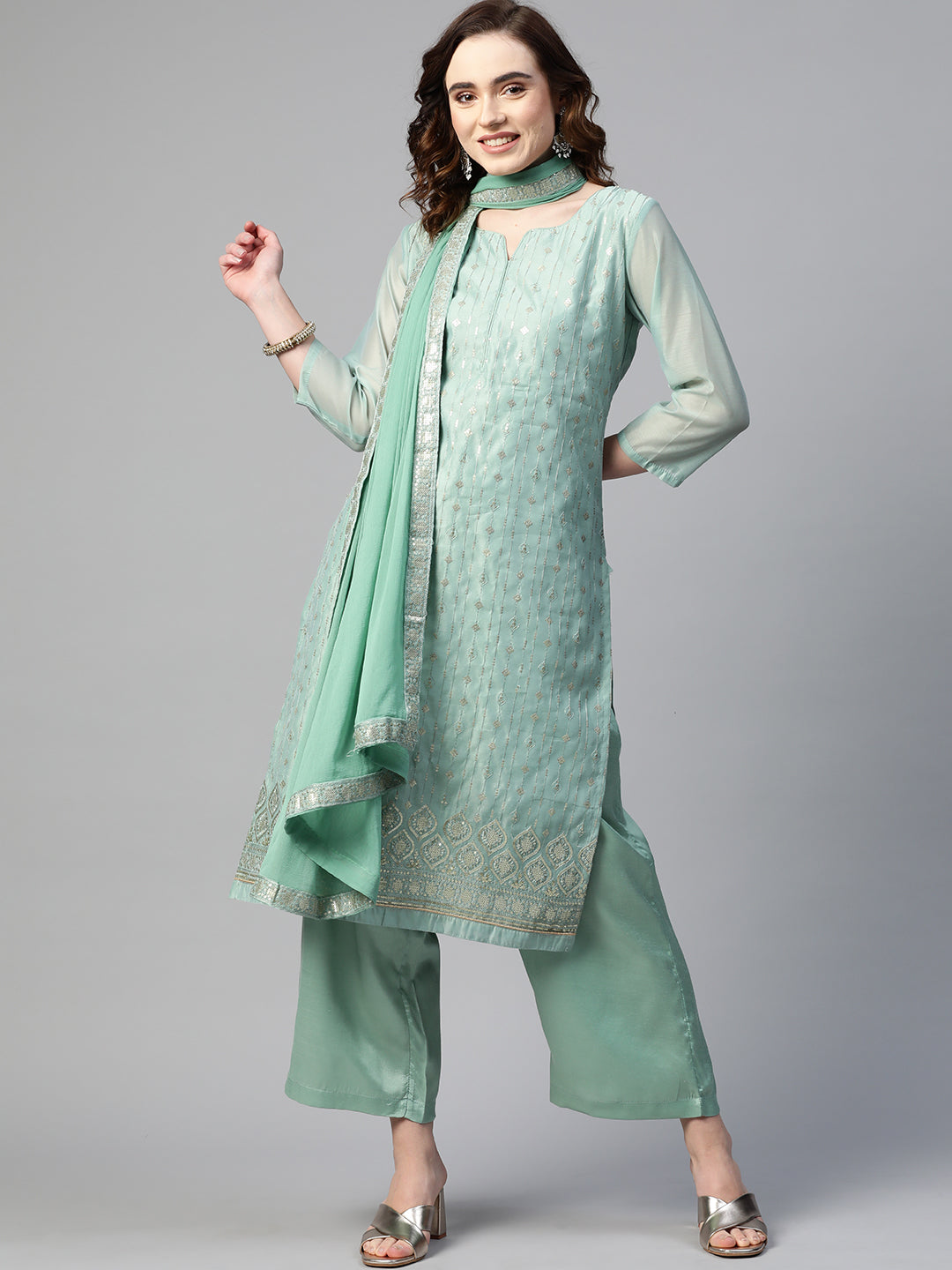 Sunehri Women's Chanderi Silk Sea Green Embroidered A-Line Kurta Palazzo Dupatta Set