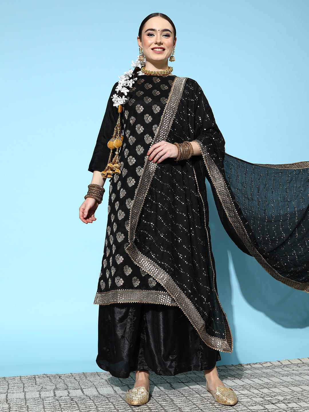 Ishin Women's Chanderi Silk Black Woven Design A-Line Kurta Sharara Dupatta Set