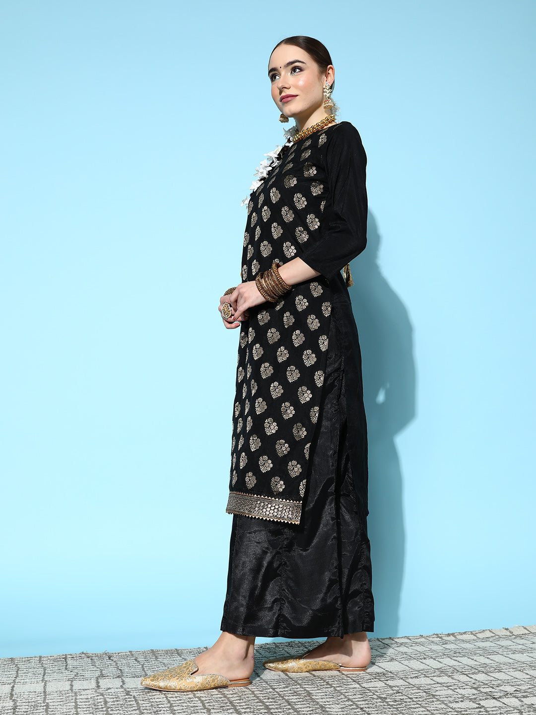 Ishin Women's Chanderi Silk Black Woven Design A-Line Kurta Sharara Dupatta Set