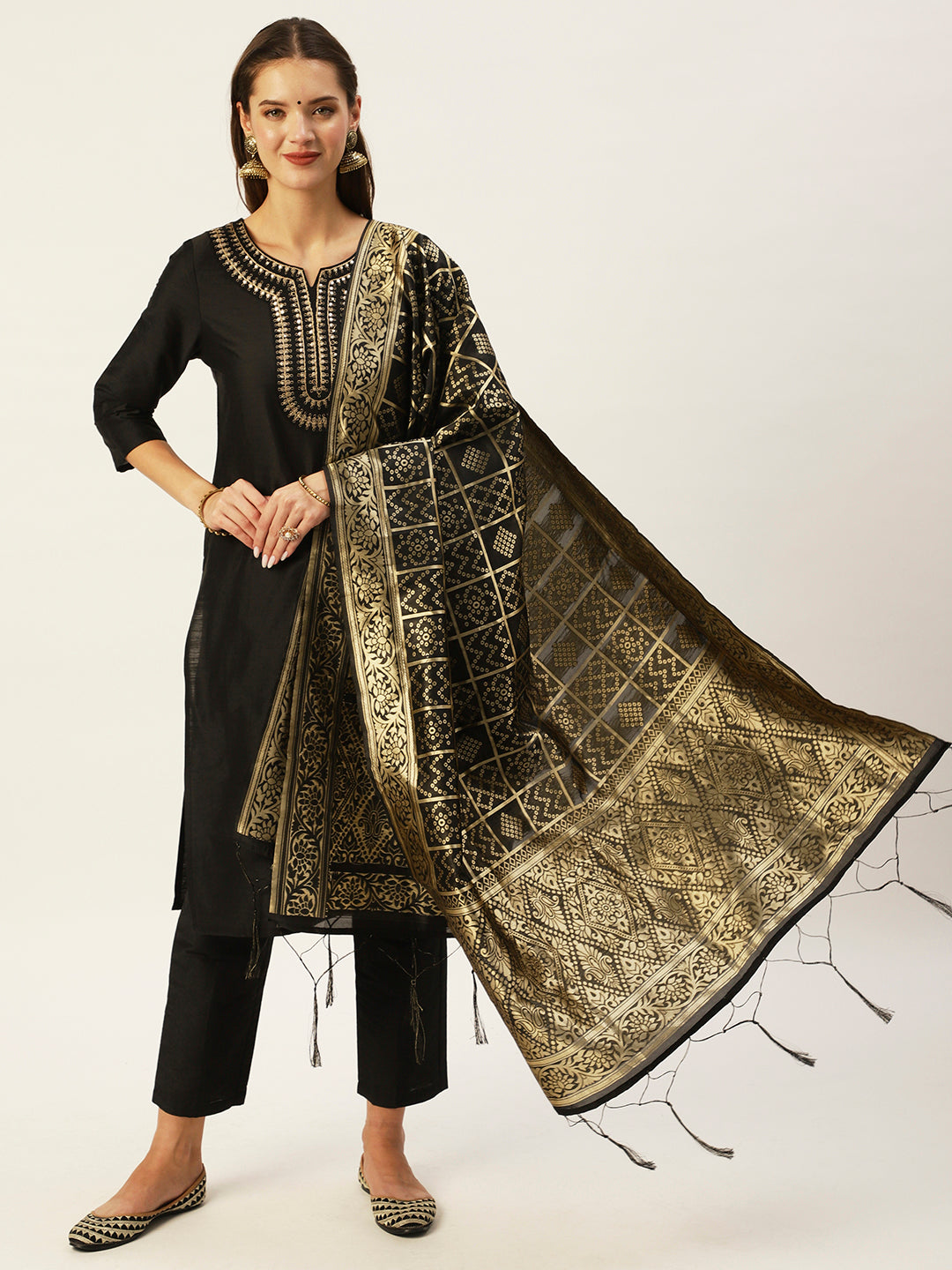 Ishin Women's Black Yoke Embellished Straight Kurta with Trouser & Dupatta