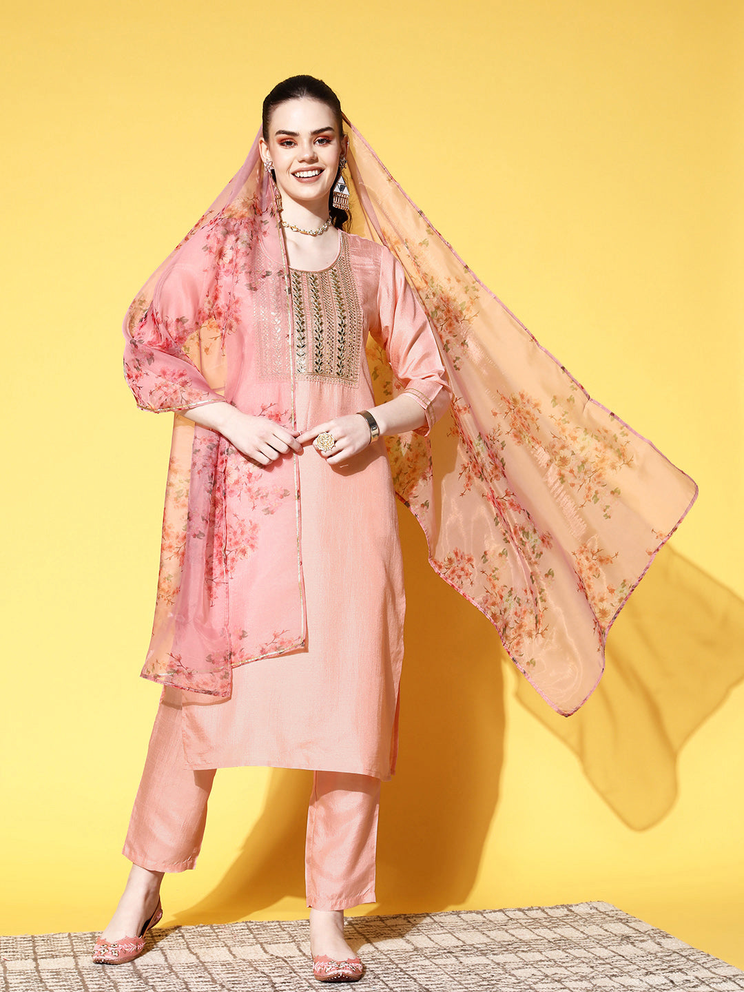 Ishin Women's Silk Blend Peach Yoke Design A-Line Kurta Trouser Dupatta Set