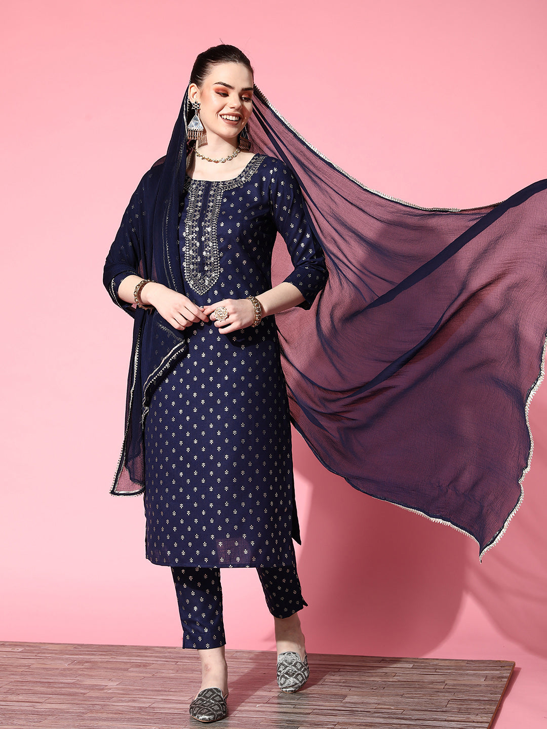 Ishin Women's Cotton Blend Navy Blue Yoke Design A-Line Kurta Trouser Dupatta Set