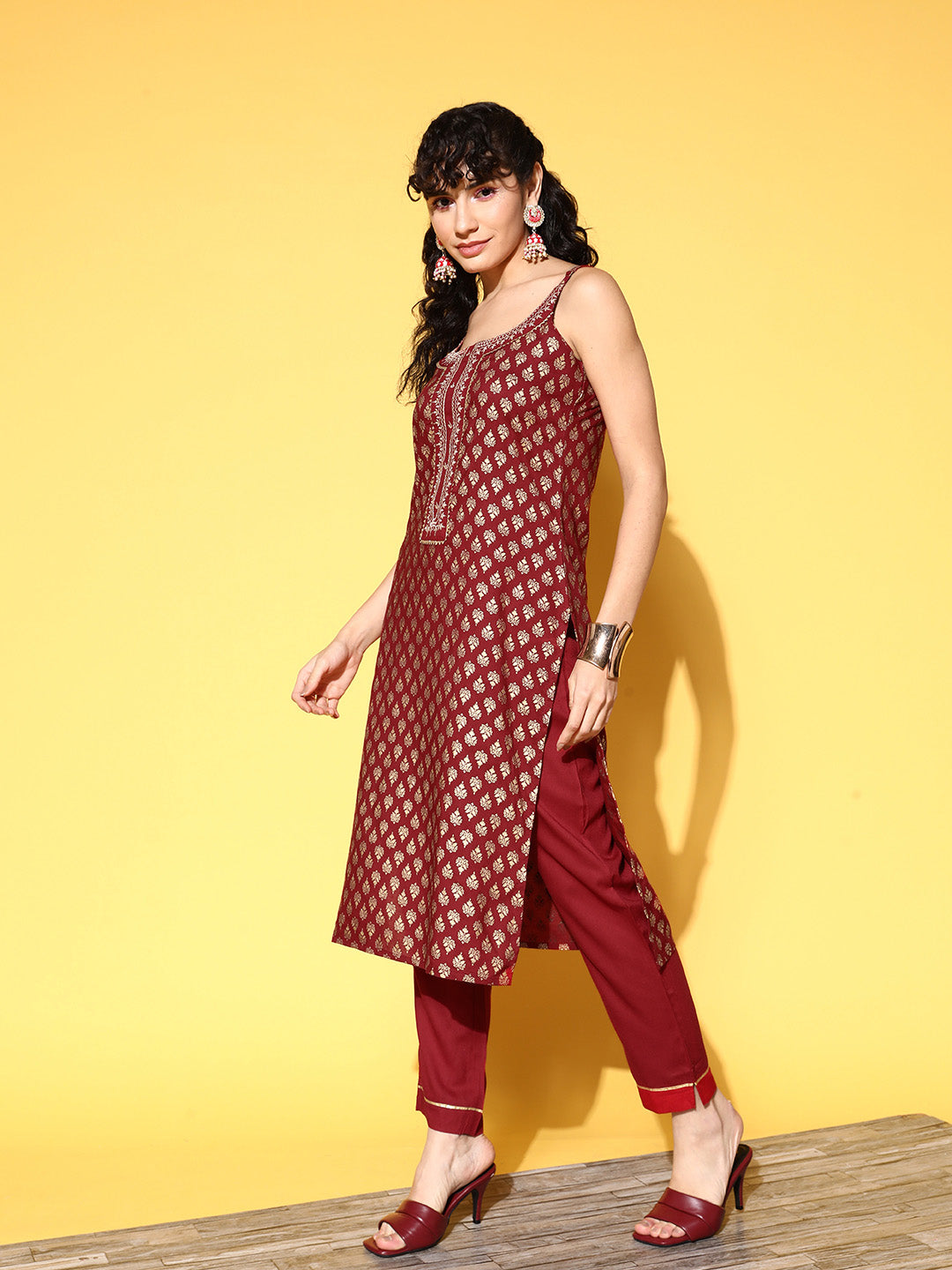 Ishin Women's Rayon Maroon Foil Printed A-Line Kurta Trouser Dupatta Set