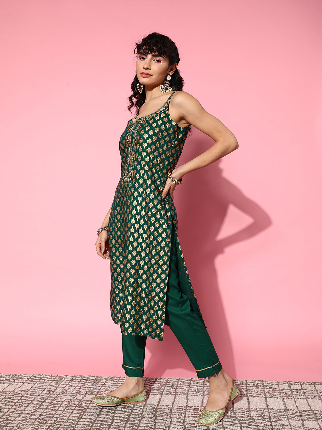 Ishin Women's Rayon Green Foil Printed A-Line Kurta Trouser Dupatta Set