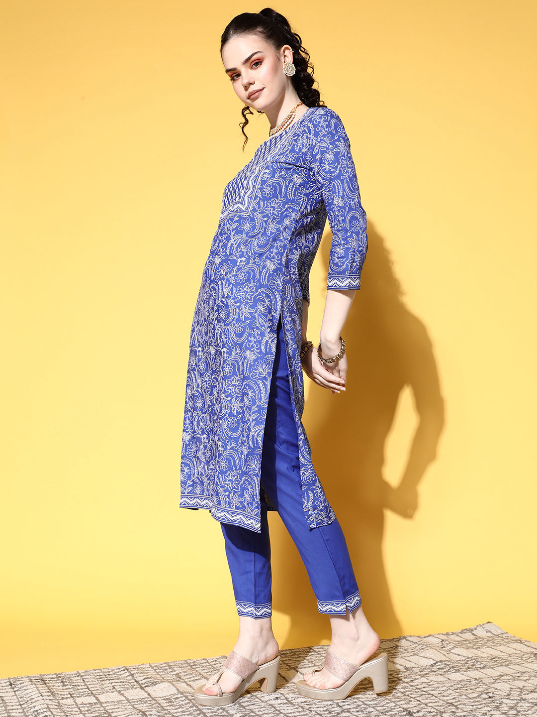 Ishin Women's Cotton Blue Embroidered A-Line Kurta Trouser Dupatta Set