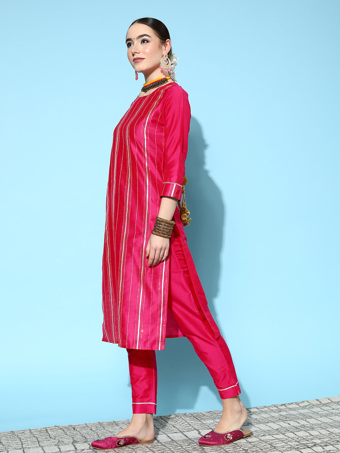 Ishin Women's Pink Zari A-Line Kurta with Toruser & Dupatta