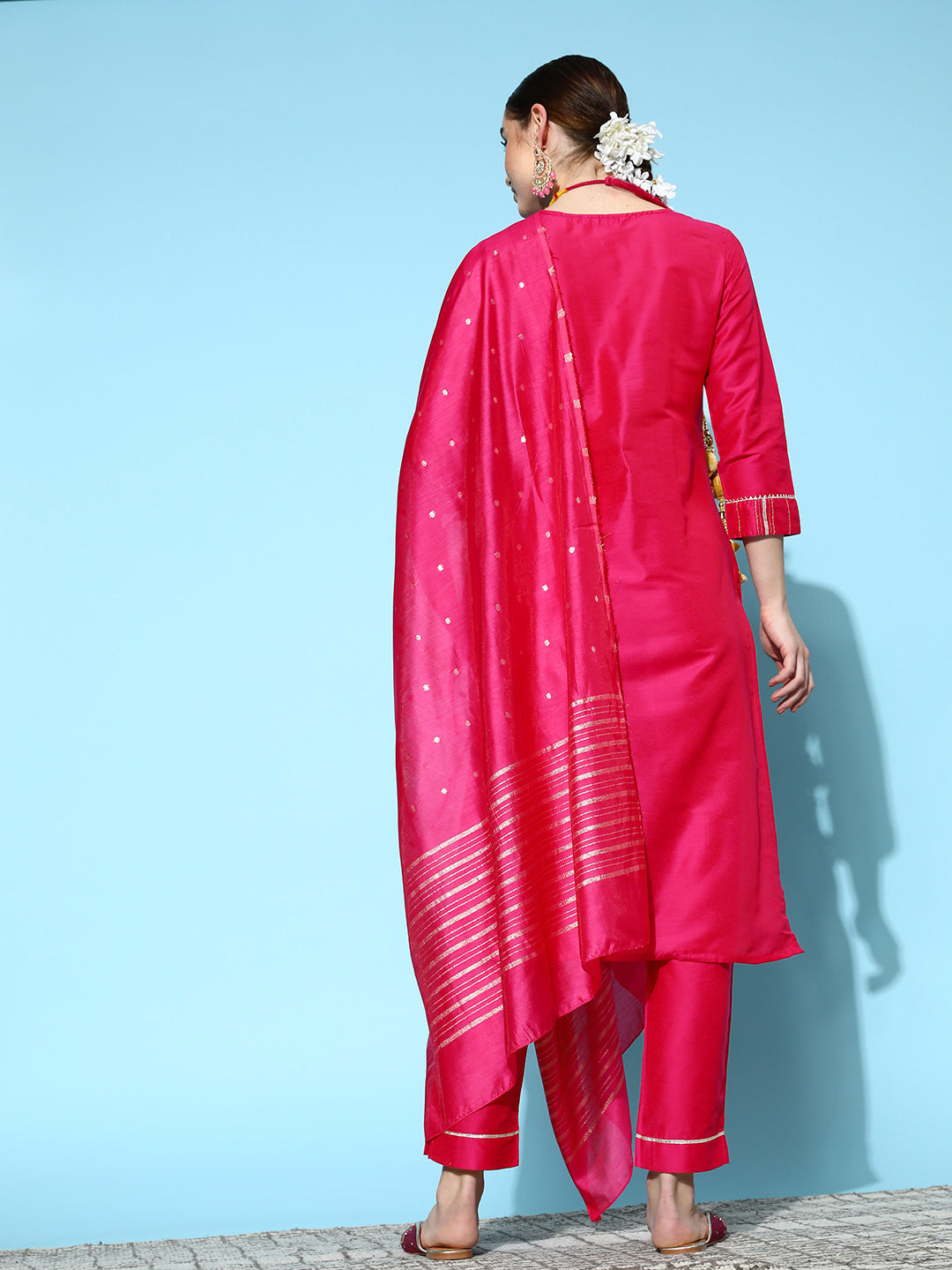 Ishin Women's Pink Zari A-Line Kurta with Toruser & Dupatta