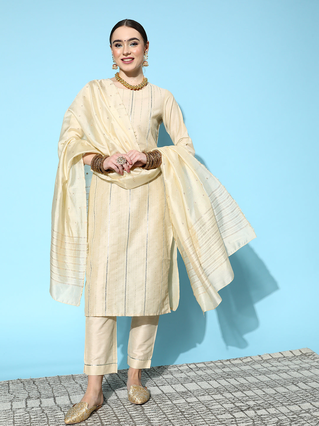 Ishin Women's Cream Zari A-Line Kurta with Toruser & Dupatta