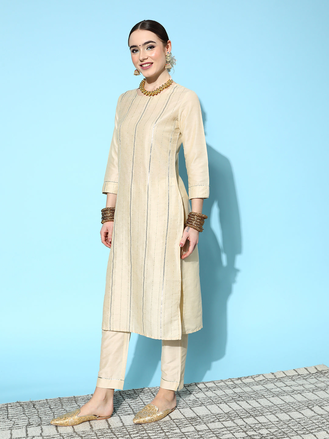 Ishin Women's Cream Zari A-Line Kurta with Toruser & Dupatta