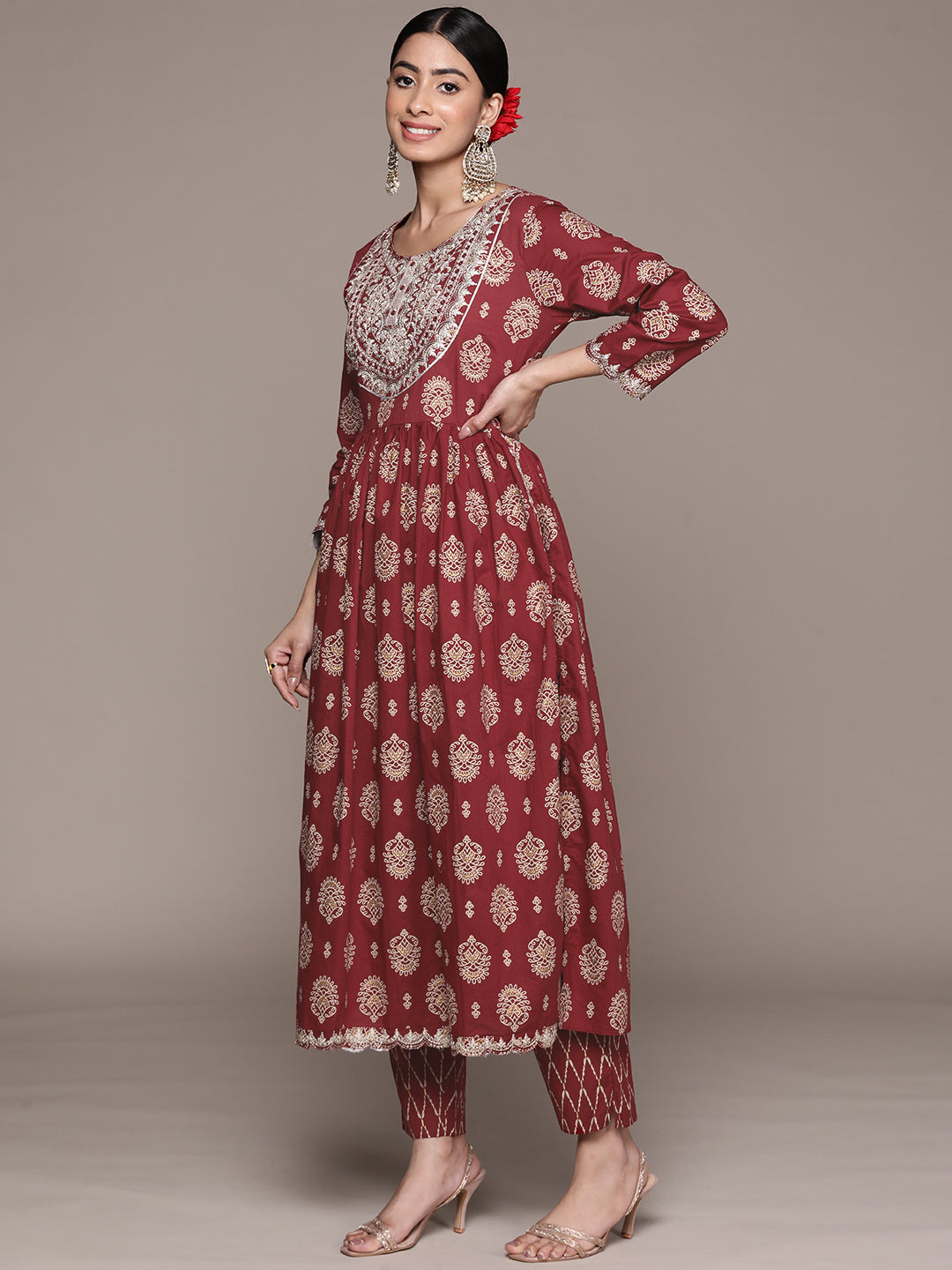 Ishin Women's Maroon Embroidered Zari Flared Kurta Set with Pants & with Dupatta