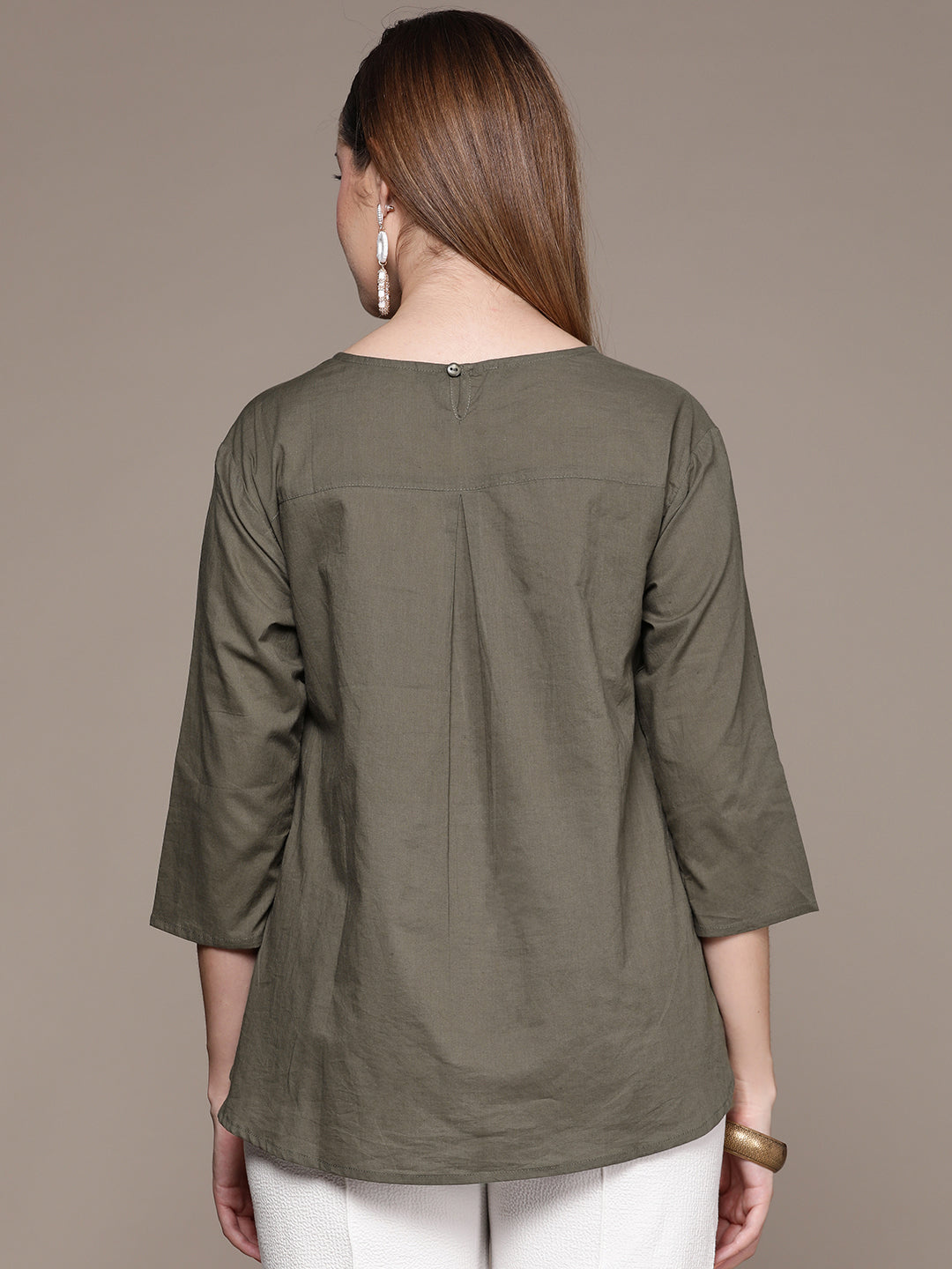 Ishin Women's Olive Embroidered High-Low Top